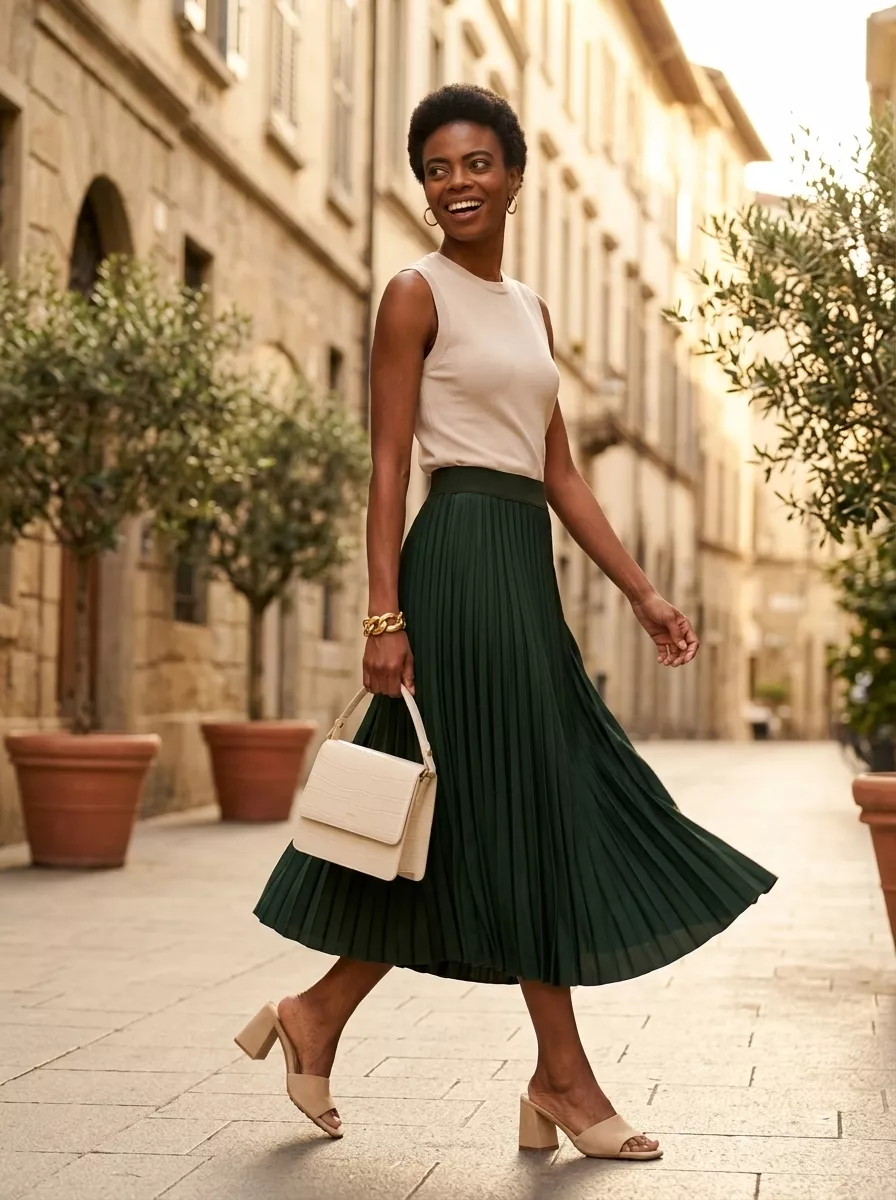 Cool Summer Work Outfits 2026: Emerald Skirt Flair Emerald green pleated skirt with cream knit top and nude mules for cool summer work outfits for women 2026.