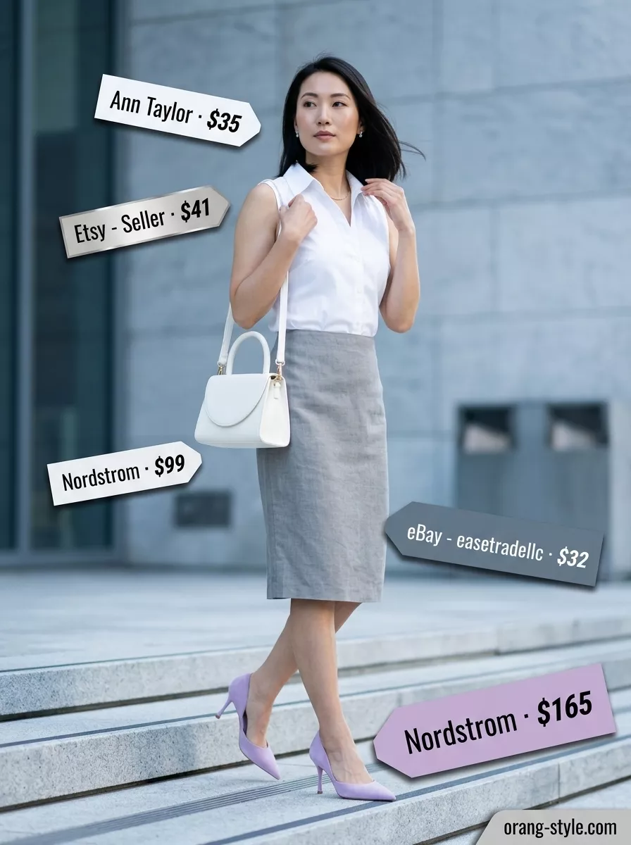Cool Summer Work Outfits for Women 2026: Grey Linen Sophistication Light grey linen skirt outfit for cool summer work outfits for women 2026. Formal office attire.