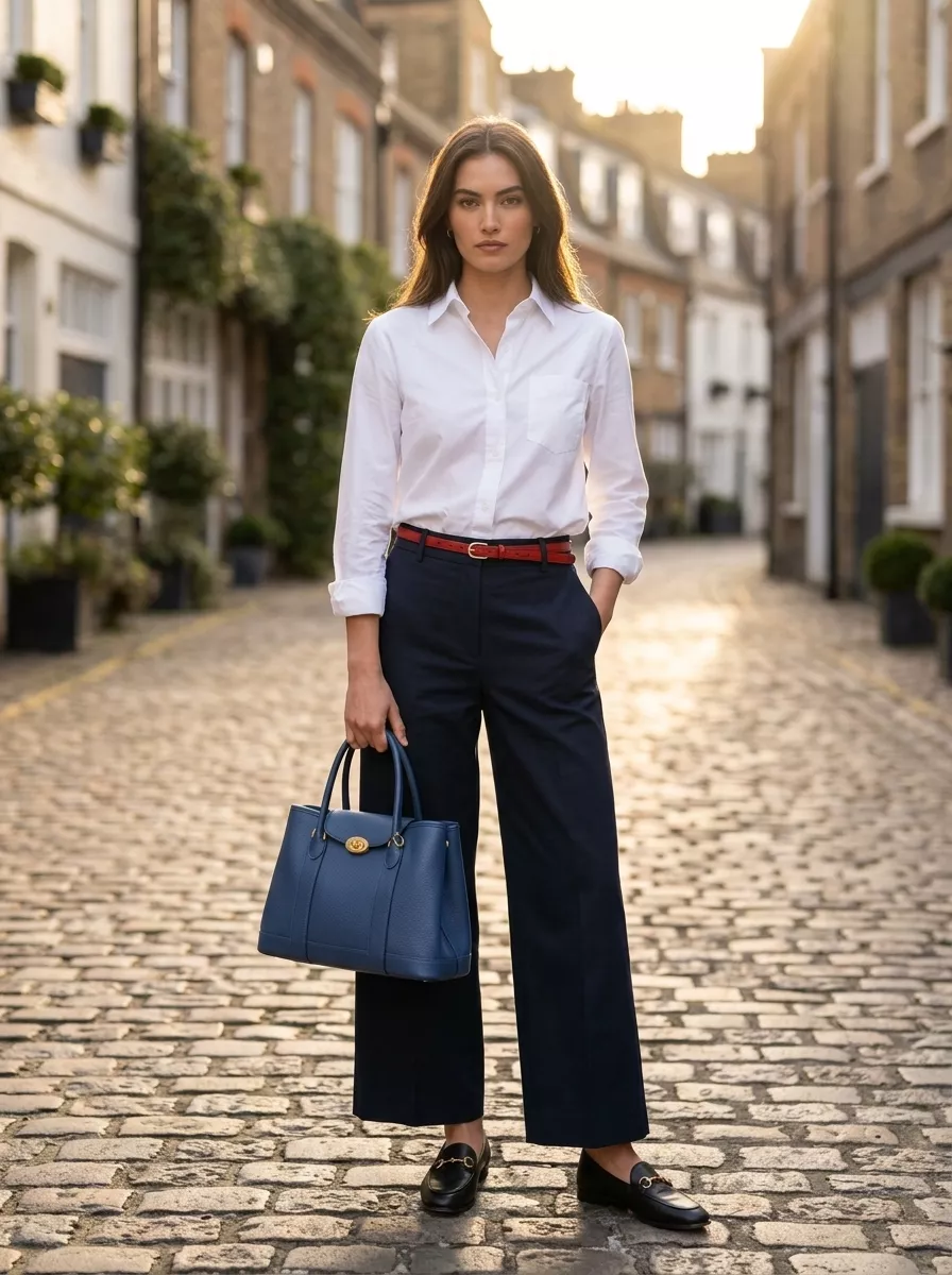 Cool Summer Work Outfits 2026: Navy Trousers Navy cropped trousers with white shirt and red belt for cool summer work outfits for women 2026.