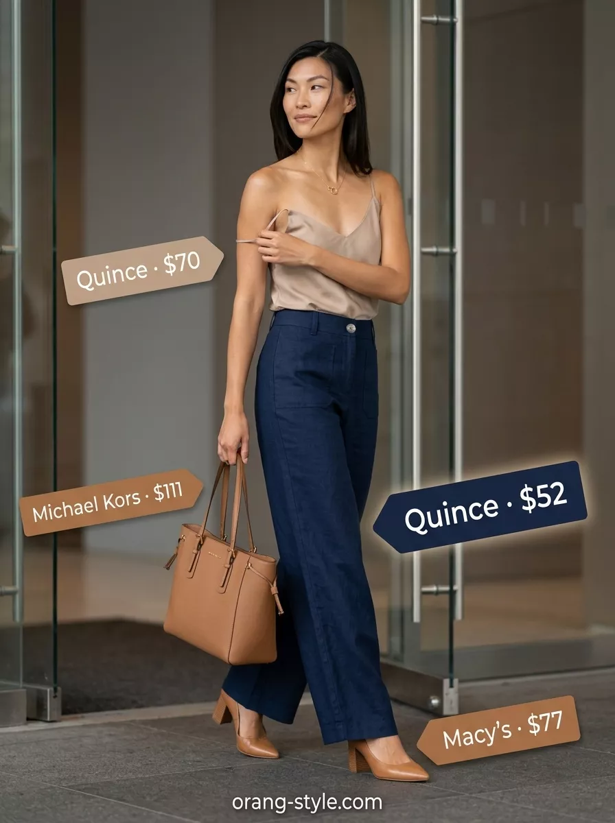 Cool Summer Work Outfits 2026: Navy Wide-Leg Trousers Cool summer work outfits for women 2026: Navy wide-leg trousers with silk cami.