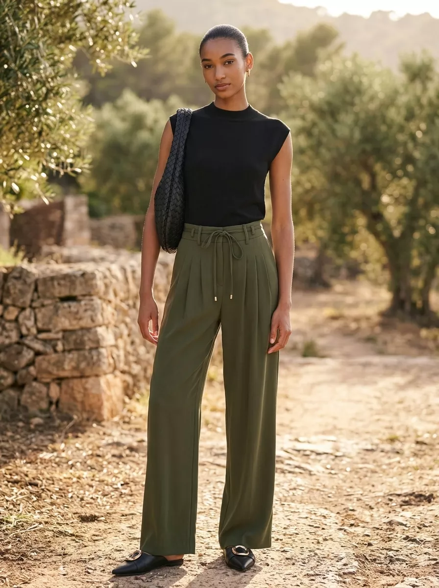 Cool Summer Work Outfits 2026: Safari Culottes Khaki culottes with black mock-neck top and leopard bag for cool summer work outfits for women 2026.