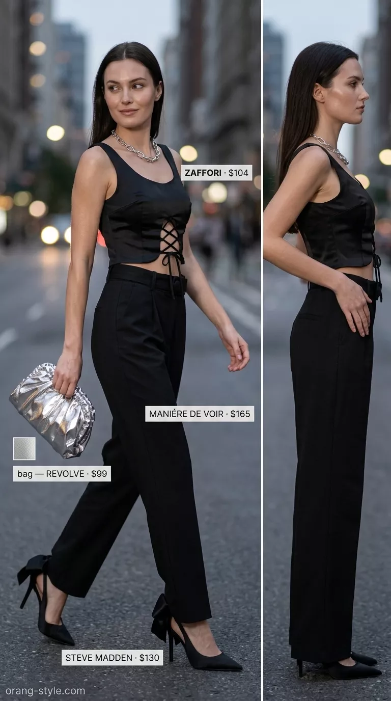 Coquette ribbon summer outfits for women 2026: Black corset top with ribbon lacing, tailored trousers, and silver accessories.