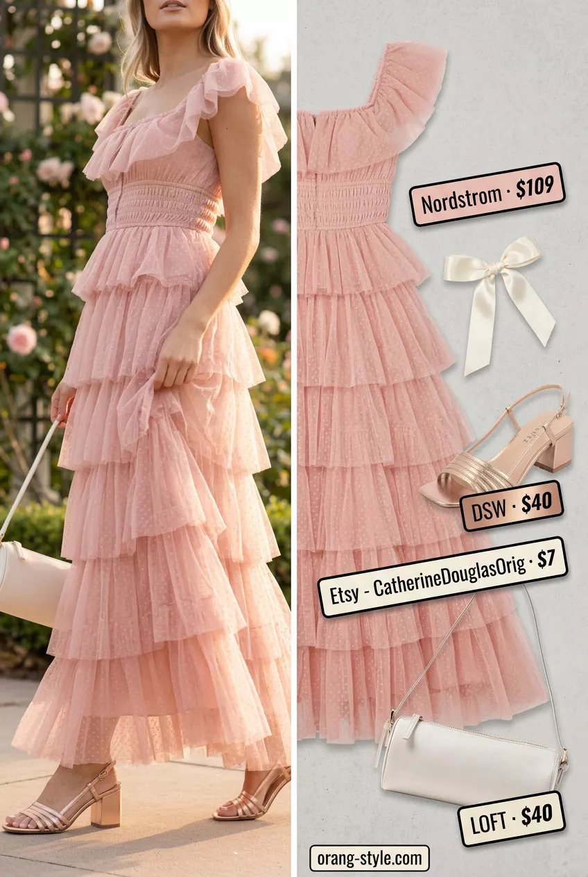 Coquette ribbon summer outfits for women 2026: Blush pink chiffon maxi dress with ribbon belt and rose gold heels.