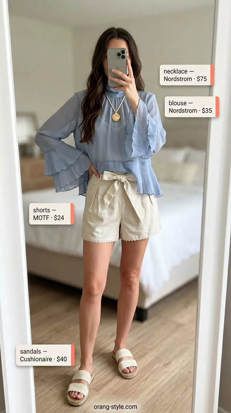 Coquette ribbon summer outfits for women 2026: Light blue sheer blouse with ribbon cuffs and linen shorts for coastal style.