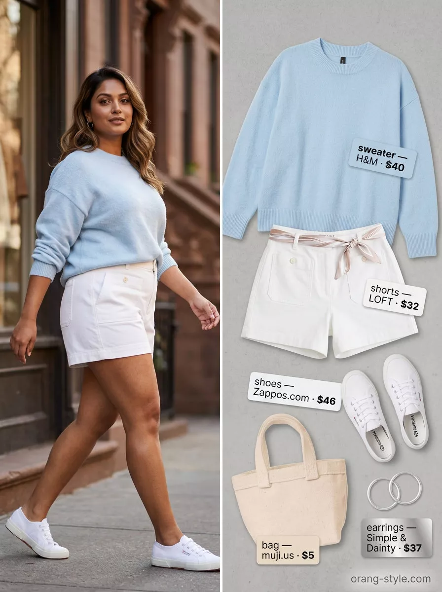 Cozy coquette ribbon summer outfit for women 2026: oversized blue knit sweater, white shorts, canvas tote & sneakers.