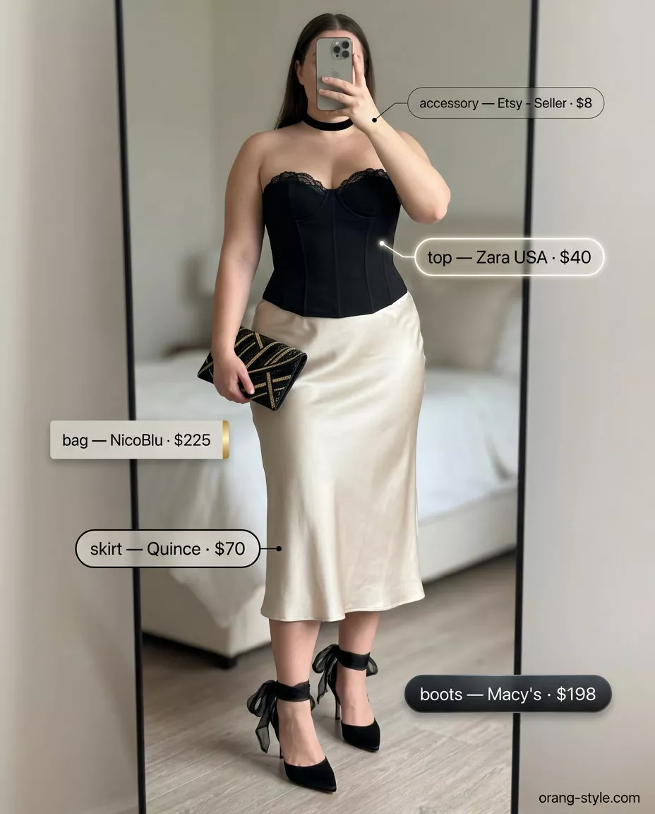 Alluring coquette ribbon summer outfit for women 2026: black lace corset top, champagne satin skirt, velvet ribbon choker.