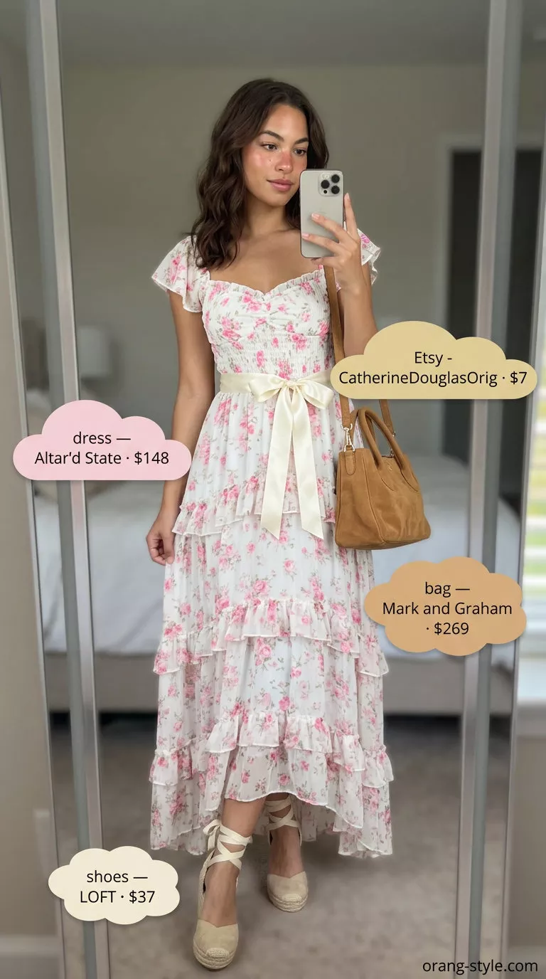 Coquette ribbon summer outfits for women 2026: Pastel floral maxi dress with ribbon belt for picnics and outdoor events.