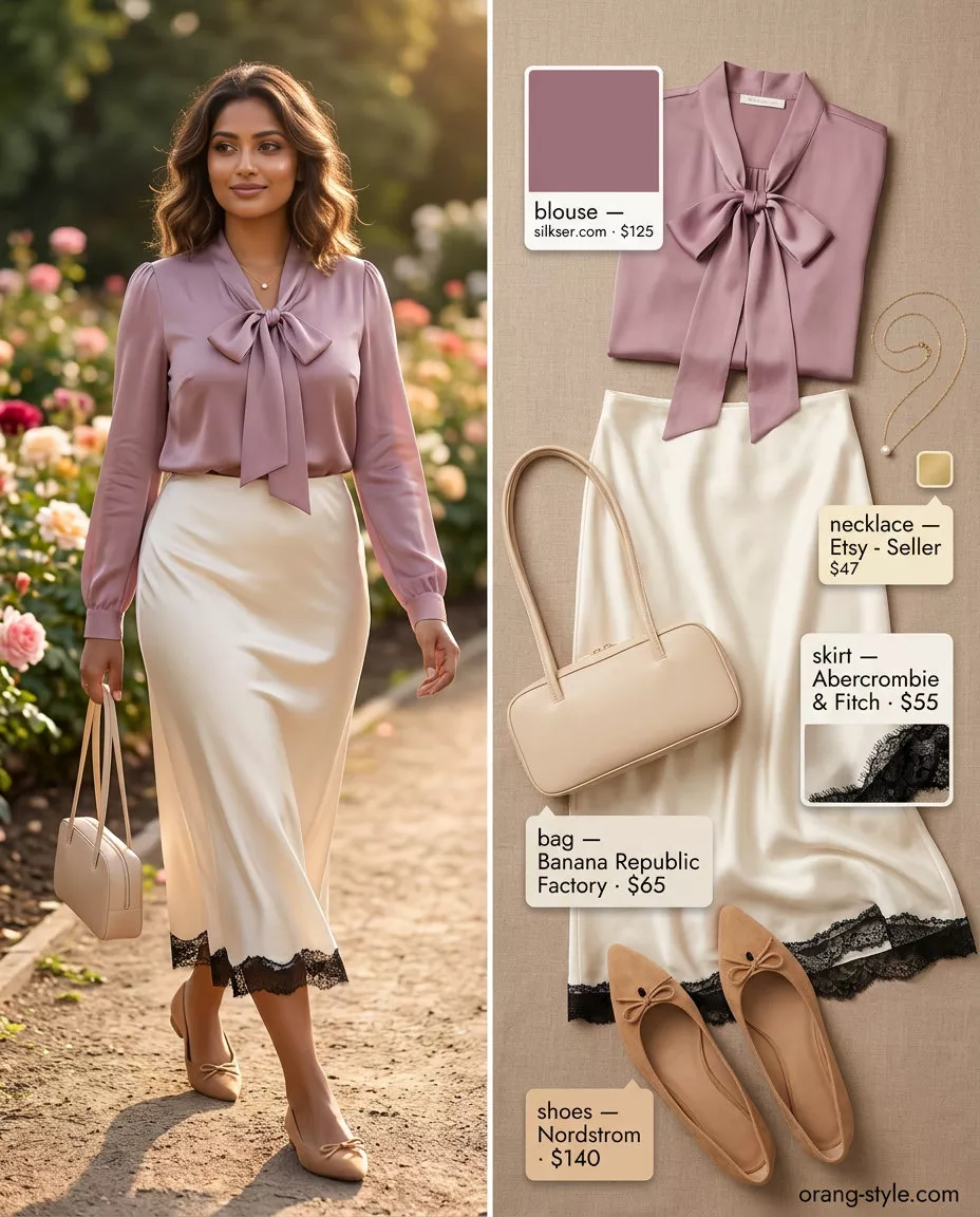 Elegant coquette ribbon summer outfit for women 2026: blush pink silk blouse with ribbon, cream lace skirt, suede flats.