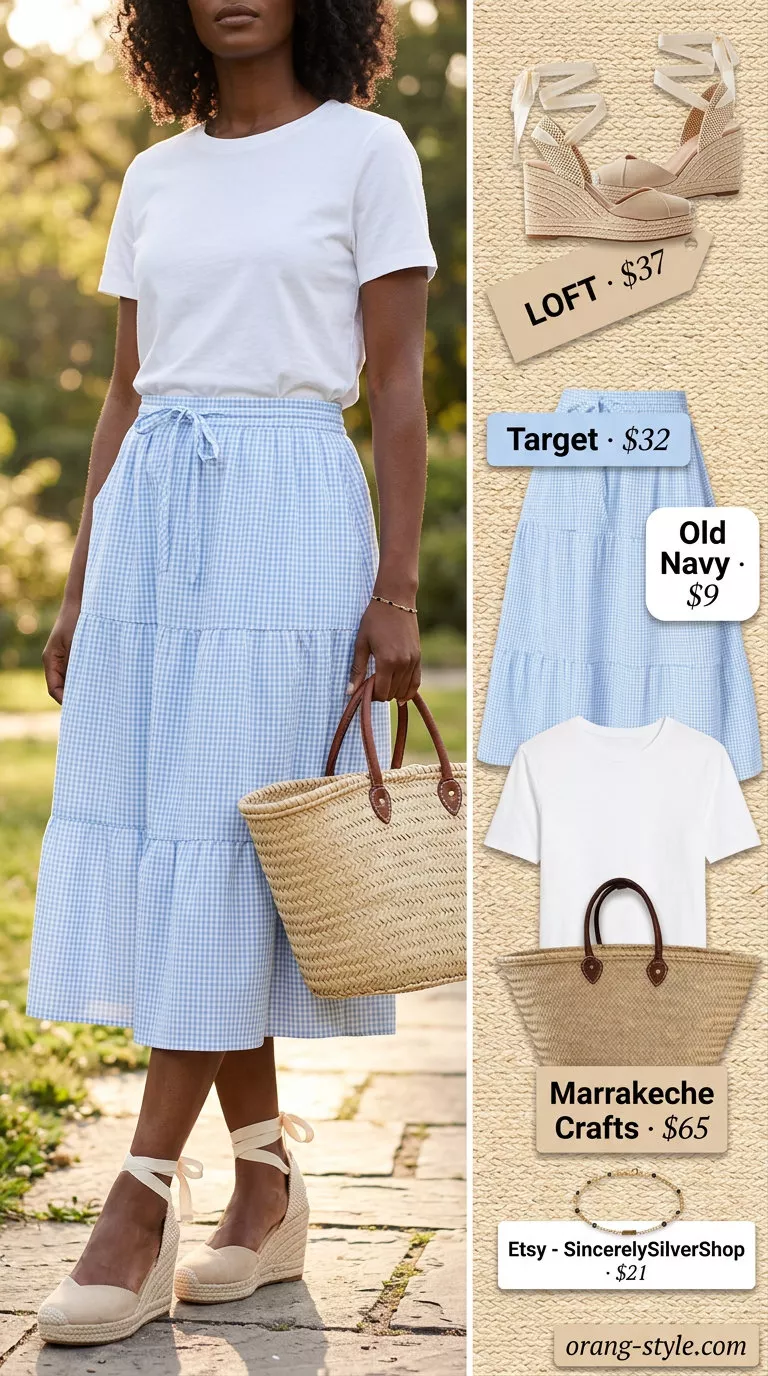 Coquette ribbon summer outfits for women 2026: Light blue gingham midi skirt with ribbon, white tee, and espadrilles.