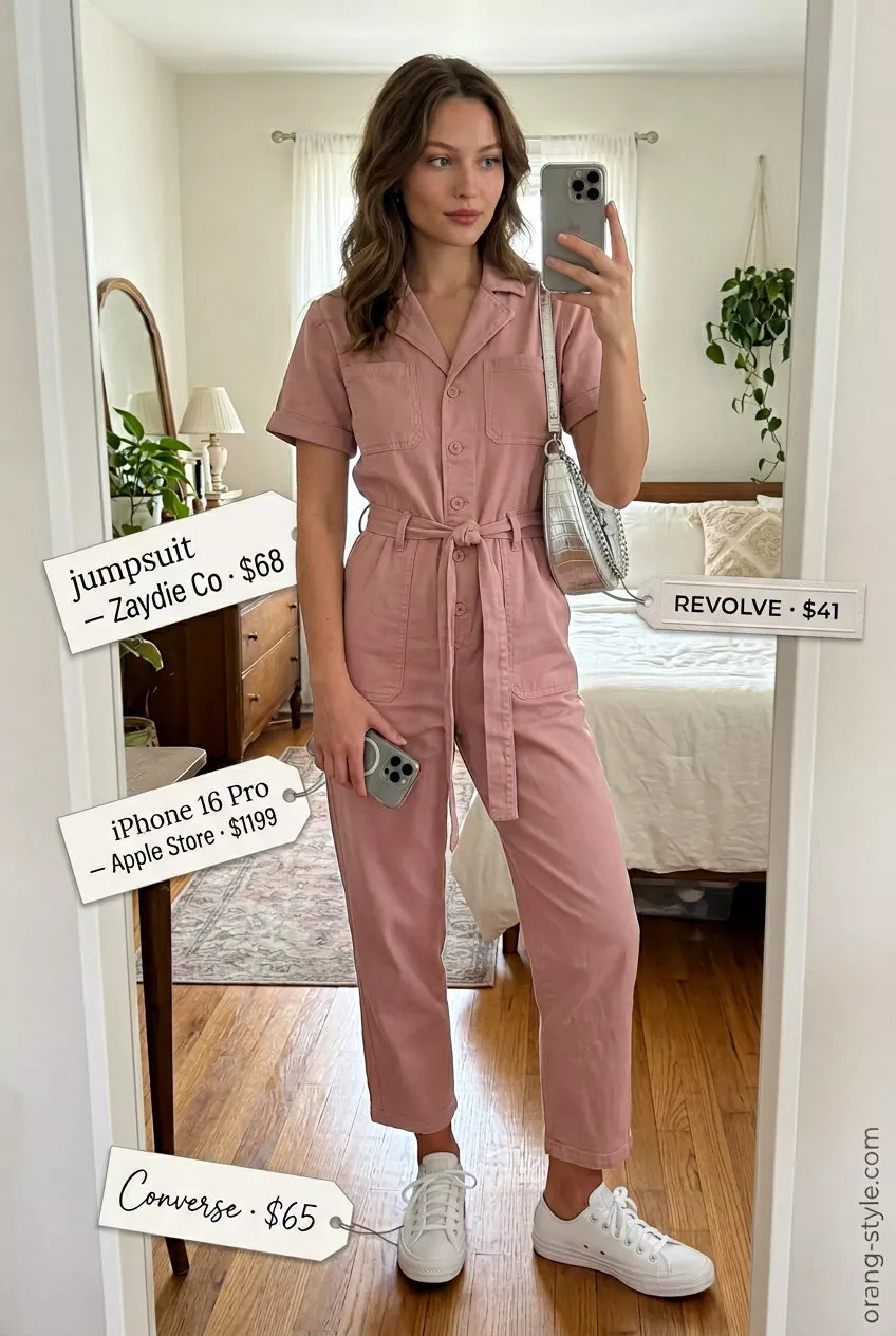 Playful coquette ribbon summer outfit for women 2026: dusty rose jumpsuit with ribbon cuffs, silver bag, white sneakers.
