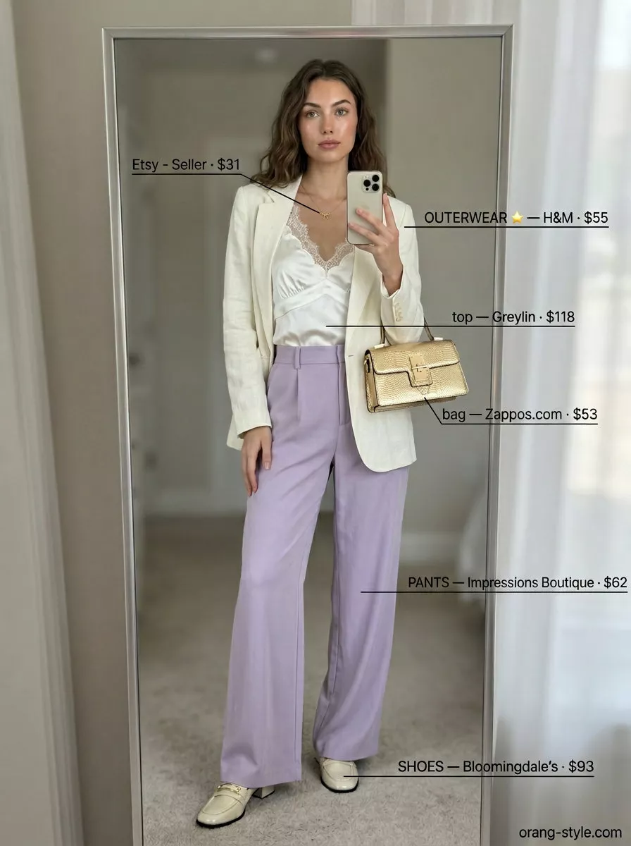 Coquette ribbon summer outfits for women 2026: Lavender wide-leg trousers with ribbon pendant necklace for chic city style.