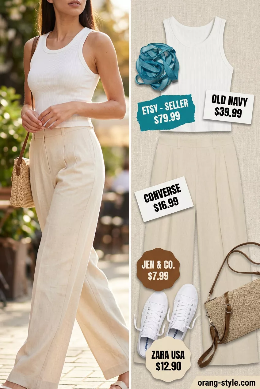 Chic coquette ribbon summer outfit for women 2026: cream linen trousers, white tank, pastel blue ribbon bracelet, straw bag.