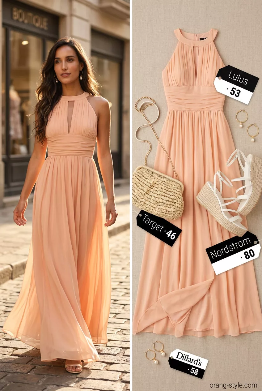 Coquette ribbon summer outfits for women 2026: Soft peach flowy maxi dress with ribbon tie, perfect for romantic dinners.