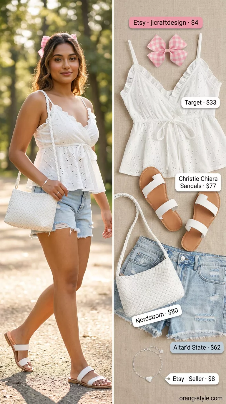 Sweet coquette ribbon summer outfit for women 2026: pink gingham ribbon, white eyelet cami, denim shorts, crossbody bag.