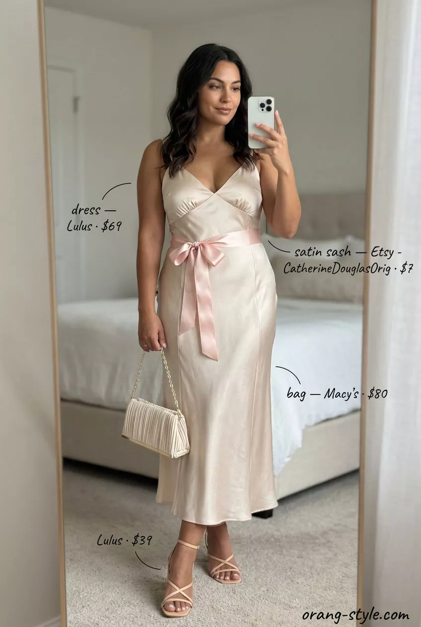 Coquette ribbon summer outfits for women 2026: Soft pink satin slip dress with ribbon belt, cream heels, and clutch.
