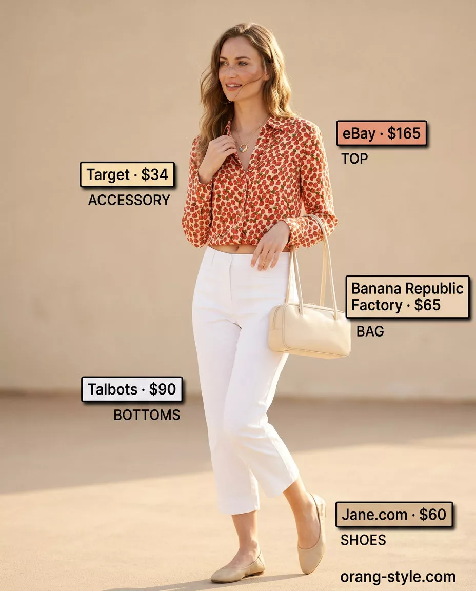 Coquette ribbon summer outfits for women 2026: Red strawberry print silk blouse with ribbon tie for casual work.