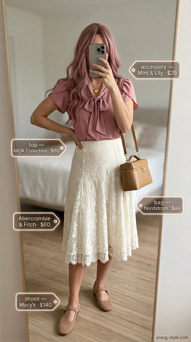 Vintage coquette ribbon summer outfit for women 2026: cream lace skirt, dusty rose blouse with ribbon tie, suede flats.