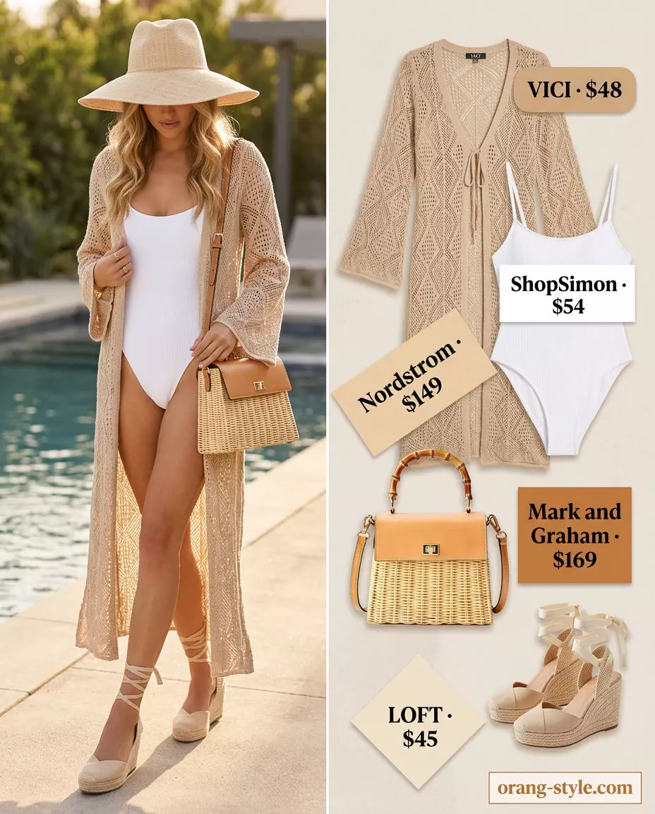 Effortless crochet summer pool party outfits 2026: Beige cardigan, swimsuit, straw hat, espadrilles, straw bag.
