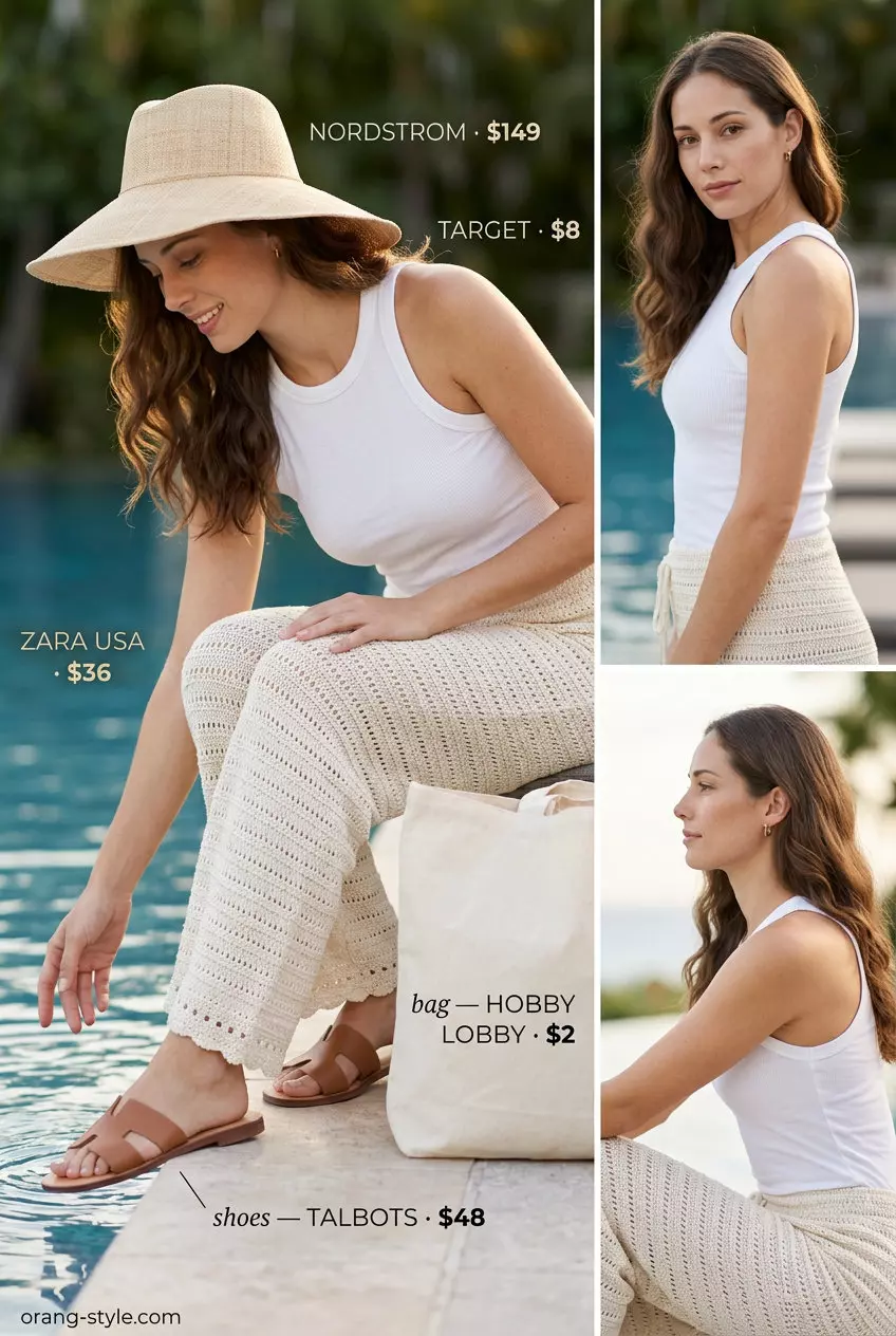 Natural beige wide-leg crochet pants with white tank and straw hat for crochet summer pool party outfits 2026.