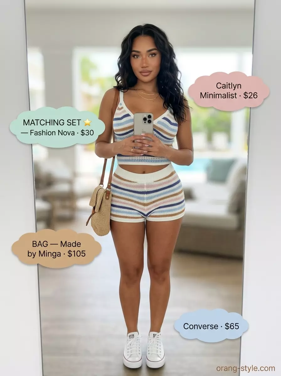 Light blue crochet shorts set with white sneakers and woven bag for crochet summer pool party outfits 2026.