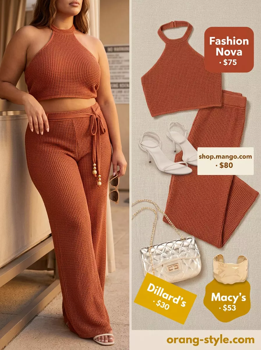 Crochet summer pool party outfits 2026: Terracotta crochet halter top and wide-leg pants set with gold accessories.