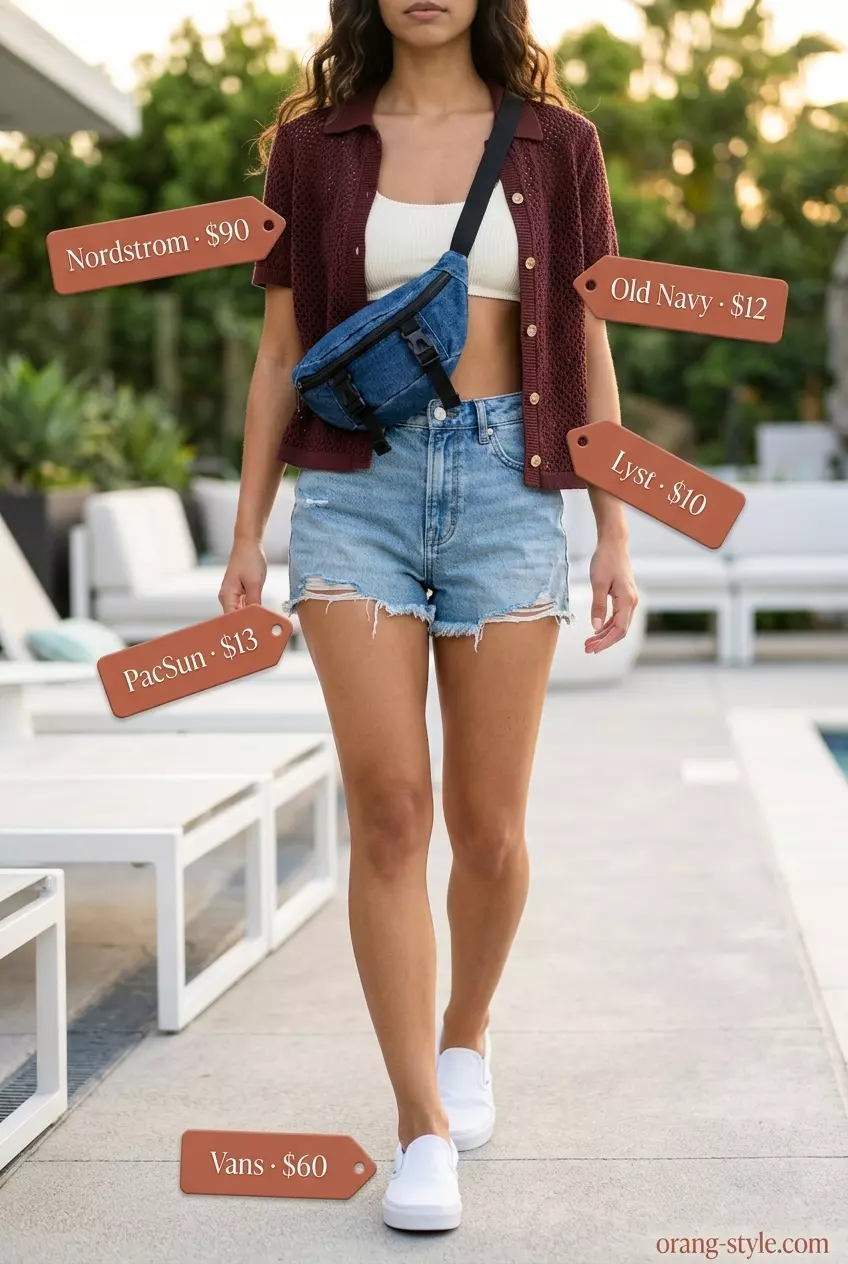 Coral pink crochet shirt with denim shorts and white sneakers for crochet summer pool party outfits 2026.