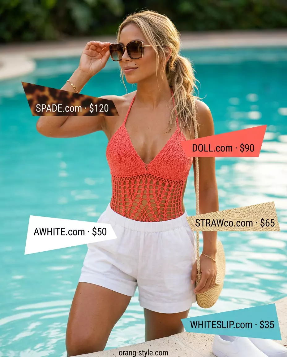 Relaxed crochet summer pool party outfits 2026: Coral swimsuit, white linen shorts, canvas sneakers, straw bag.