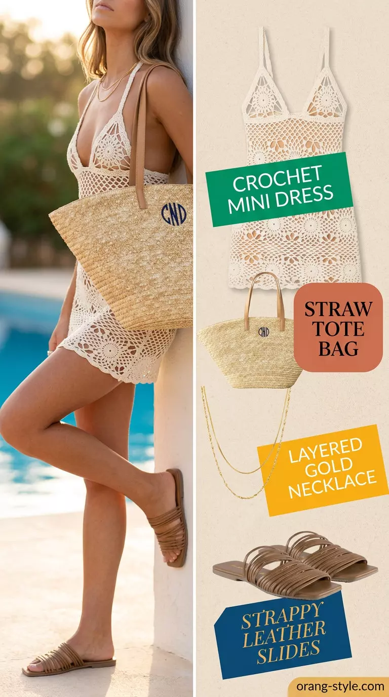 Boho crochet summer pool party outfits 2026: Cream crochet mini dress, straw tote, gold necklaces, leather slides.
