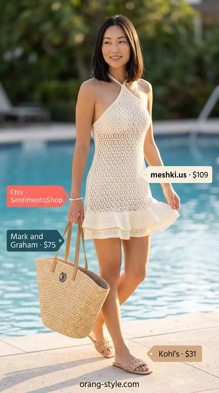 Cream crochet mini dress with woven slides and straw tote for crochet summer pool party outfits 2026.