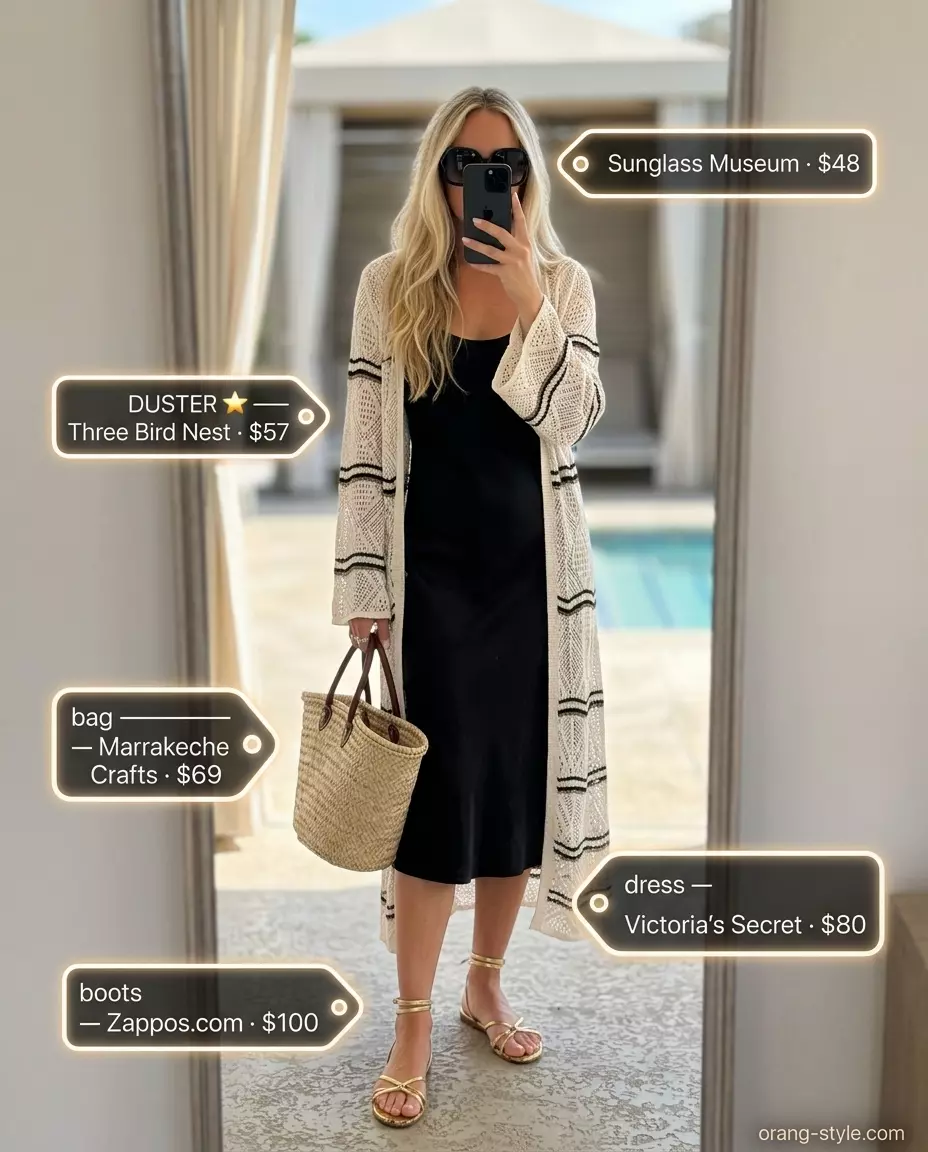 Black and off-white crochet duster with satin slip dress for crochet summer pool party outfits 2026.