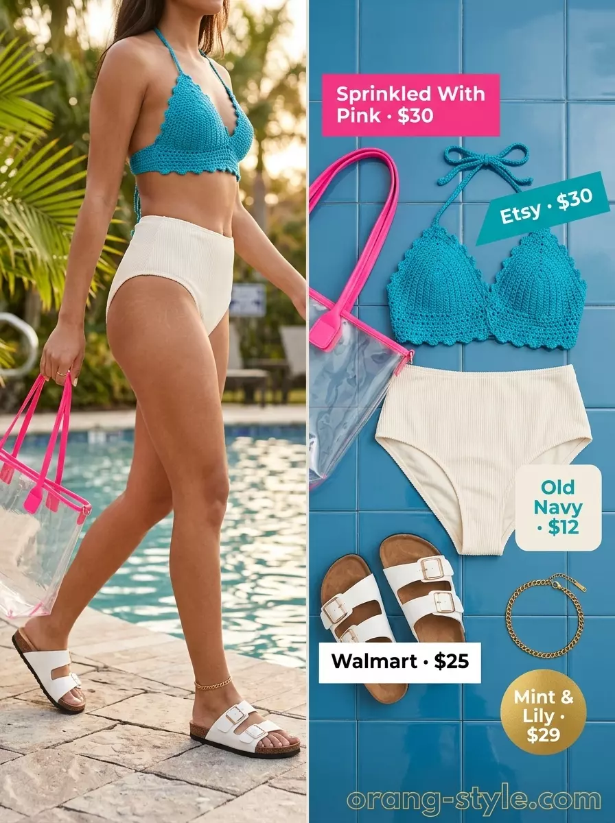 Teal blue crochet halter bikini top with white bottoms and PVC tote for crochet summer pool party outfits 2026.