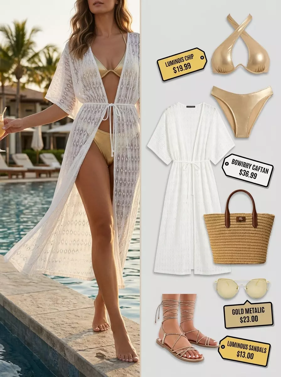 Crochet summer pool party outfits 2026: White crochet kaftan cover-up over a gold bikini, with straw tote.