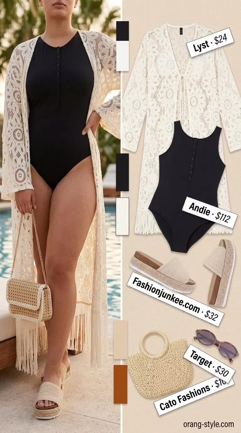 Crochet summer pool party outfits 2026: White crochet kimono cover-up over black swimsuit, with espadrilles and sunglasses.