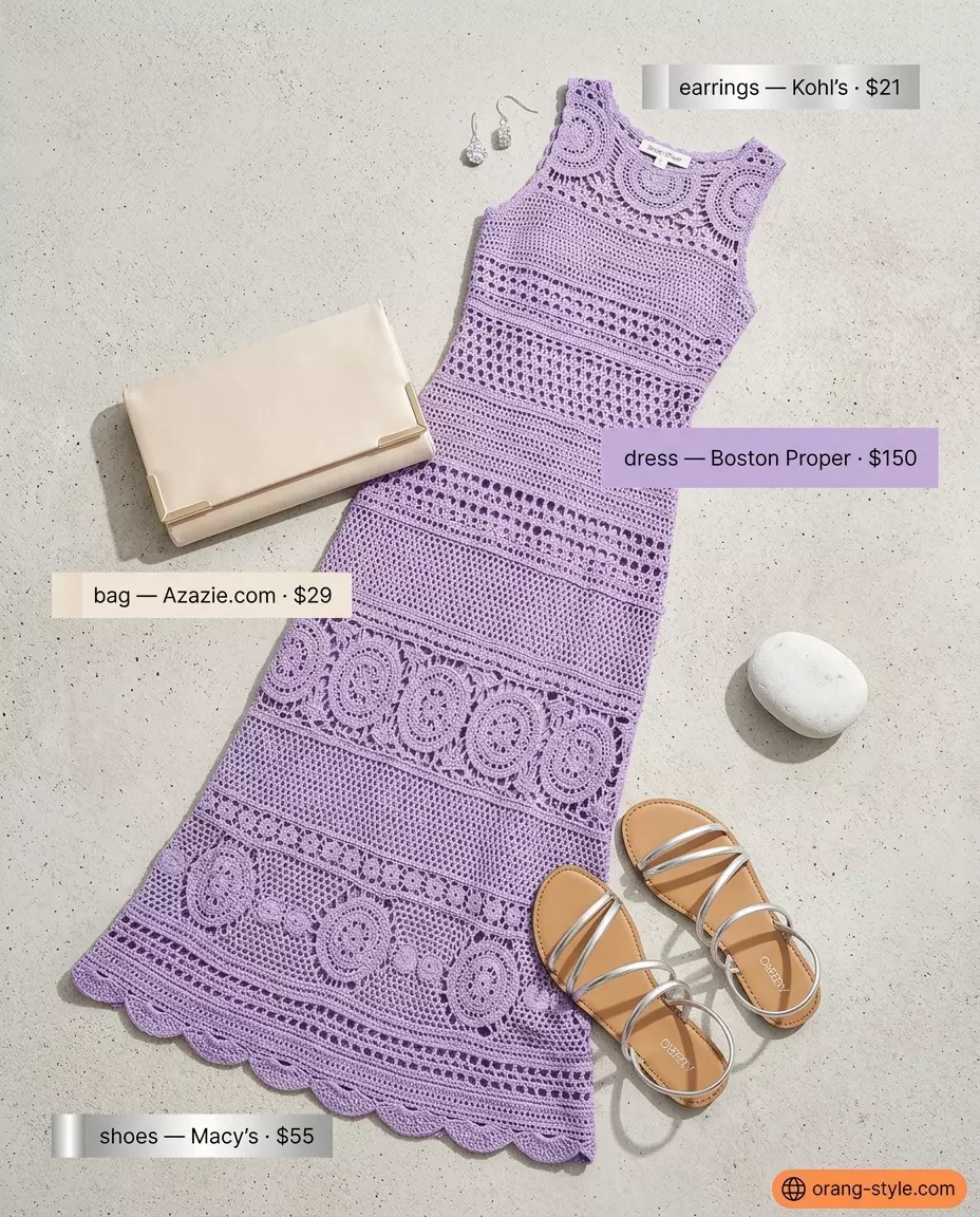 Lavender crochet maxi dress with silver sandals and clutch for crochet summer pool party outfits 2026.