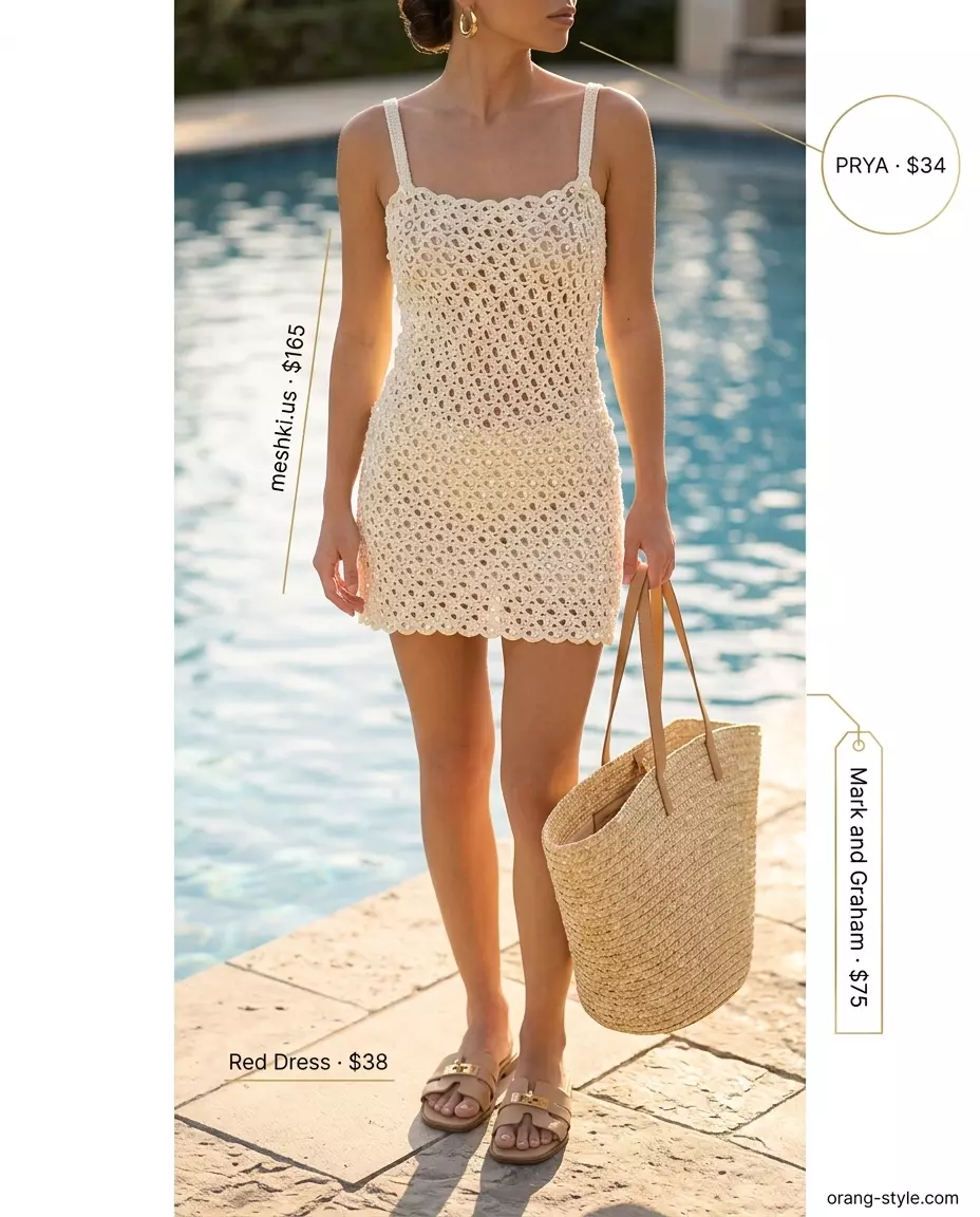 Crochet summer pool party outfits 2026: Cream crochet mini dress with gold hoops, tan slides, and straw tote.