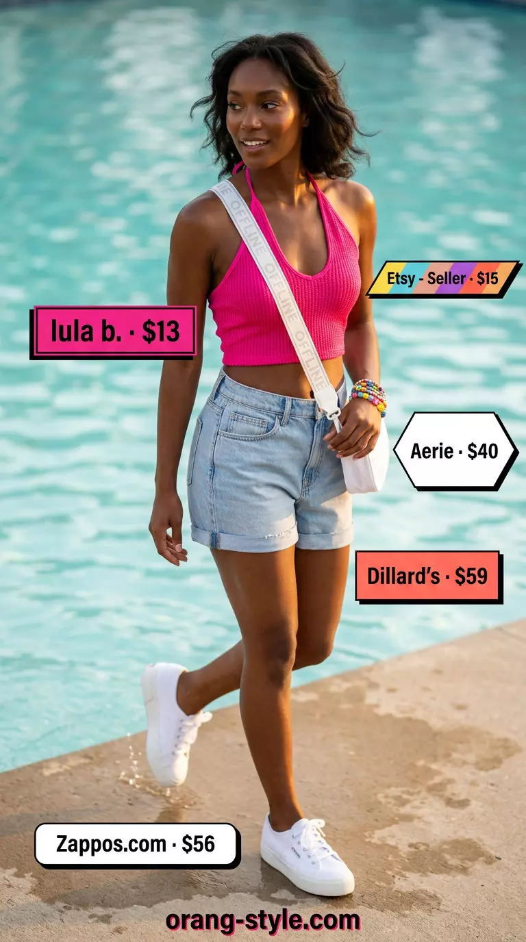 Playful crochet summer pool party outfits 2026: Pink halter top, denim shorts, canvas sneakers, beaded bracelets.