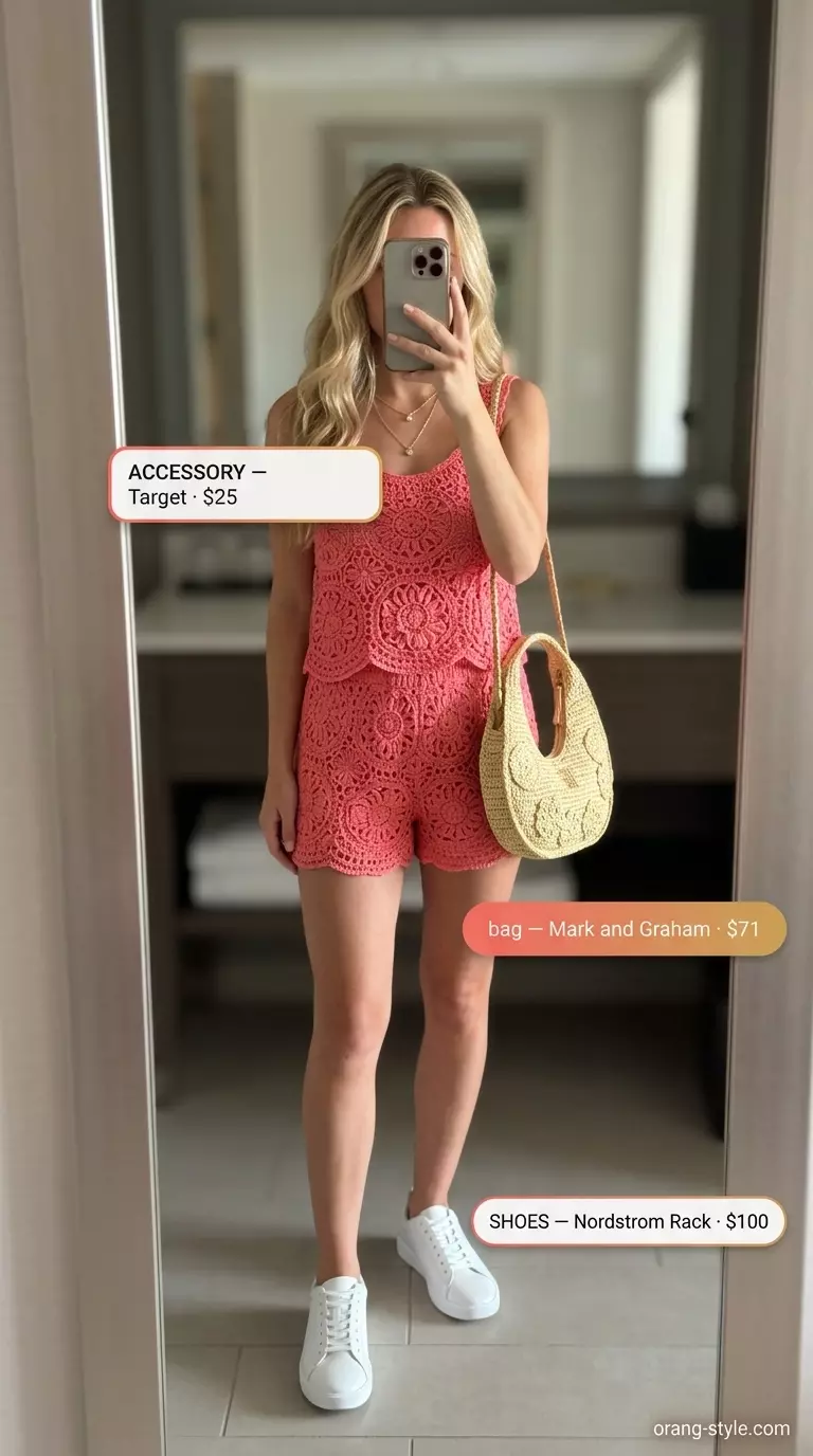 Crochet summer pool party outfits 2026: Coral pink crochet shorts and shirt set with white sneakers and raffia bag.