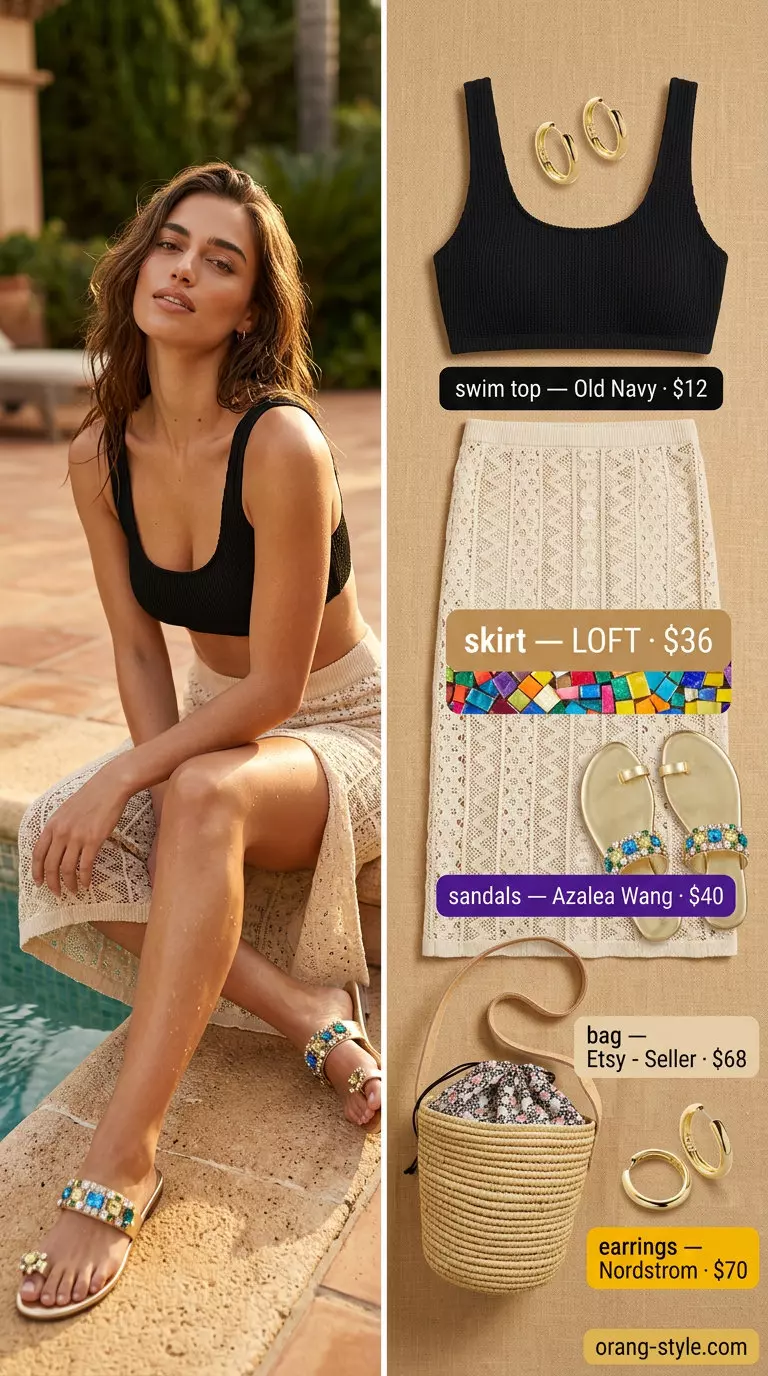 Crochet summer pool party outfits 2026: Black bikini top with beige crochet midi skirt, gold hoops, and straw bag.