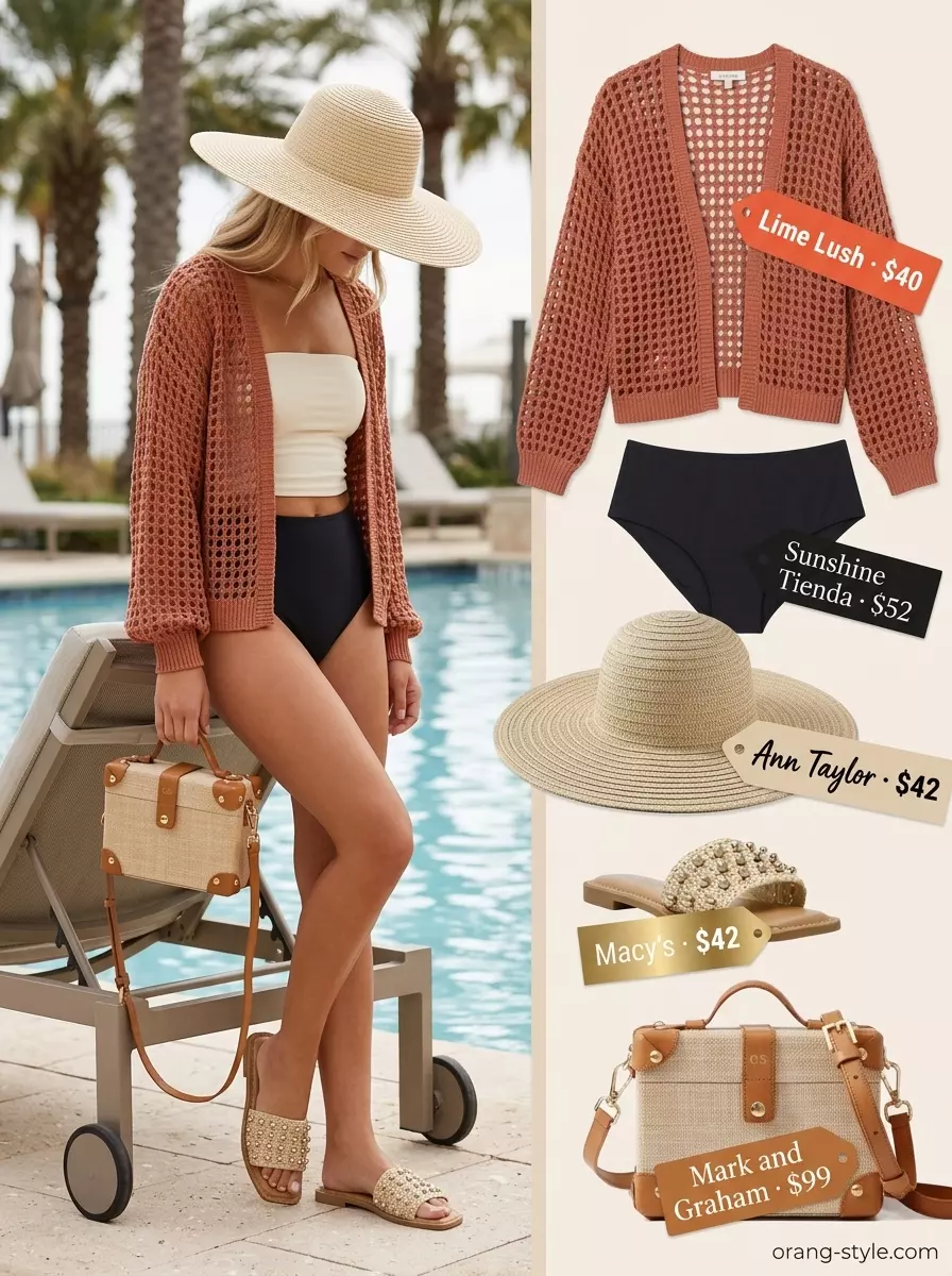 Terracotta crochet cover-up with black bikini and straw hat for crochet summer pool party outfits 2026.