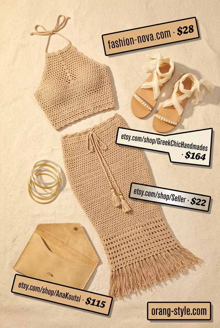 Bohemian crochet summer pool party outfits 2026: Terracotta set, embellished sandals, suede clutch, bangles.