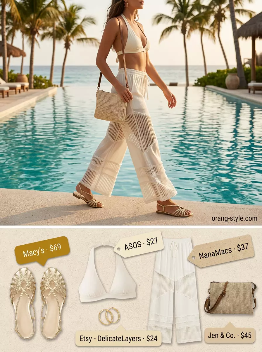 Chic crochet summer pool party outfits 2026: White crochet pants, bikini top, straw bag, gold earrings, sandals.