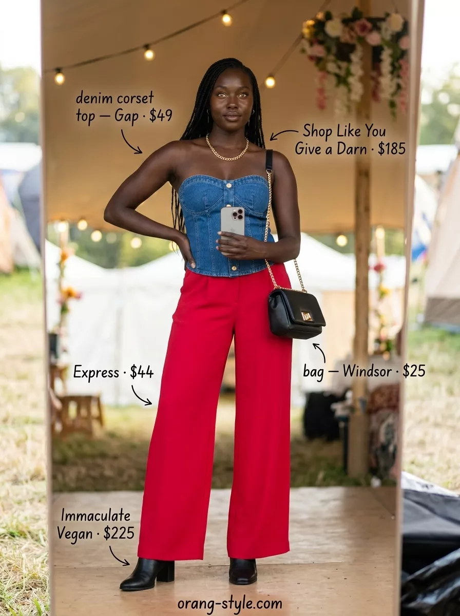Denim Summer Festival Outfits 2026: Glam Festival Look Denim summer festival outfits for women 2026: Dark wash denim corset top with crimson wide-leg pants and gold jewelry.