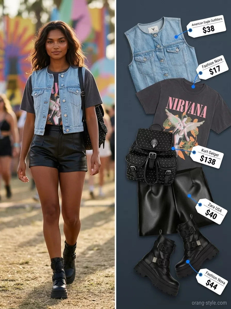 Denim Summer Festival Outfits 2026: Midnight Rebel Beat Denim summer festival outfits for women 2026: Cropped denim vest over band tee with faux leather shorts and combat boots.