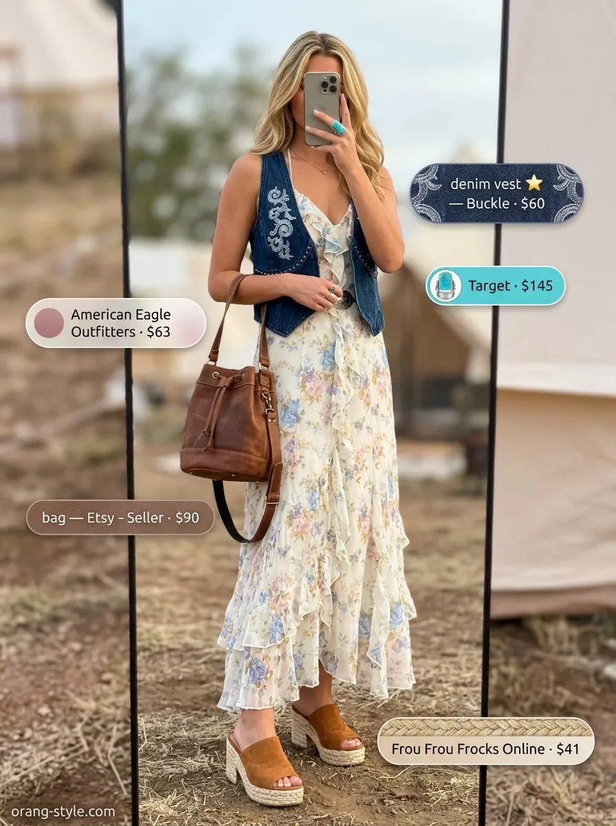 Denim Summer Festival Outfits for Women 2026: Desert Bloom Indigo denim vest outfit for women 2026: maxi dress, mules, bucket bag for bohemian festivals.