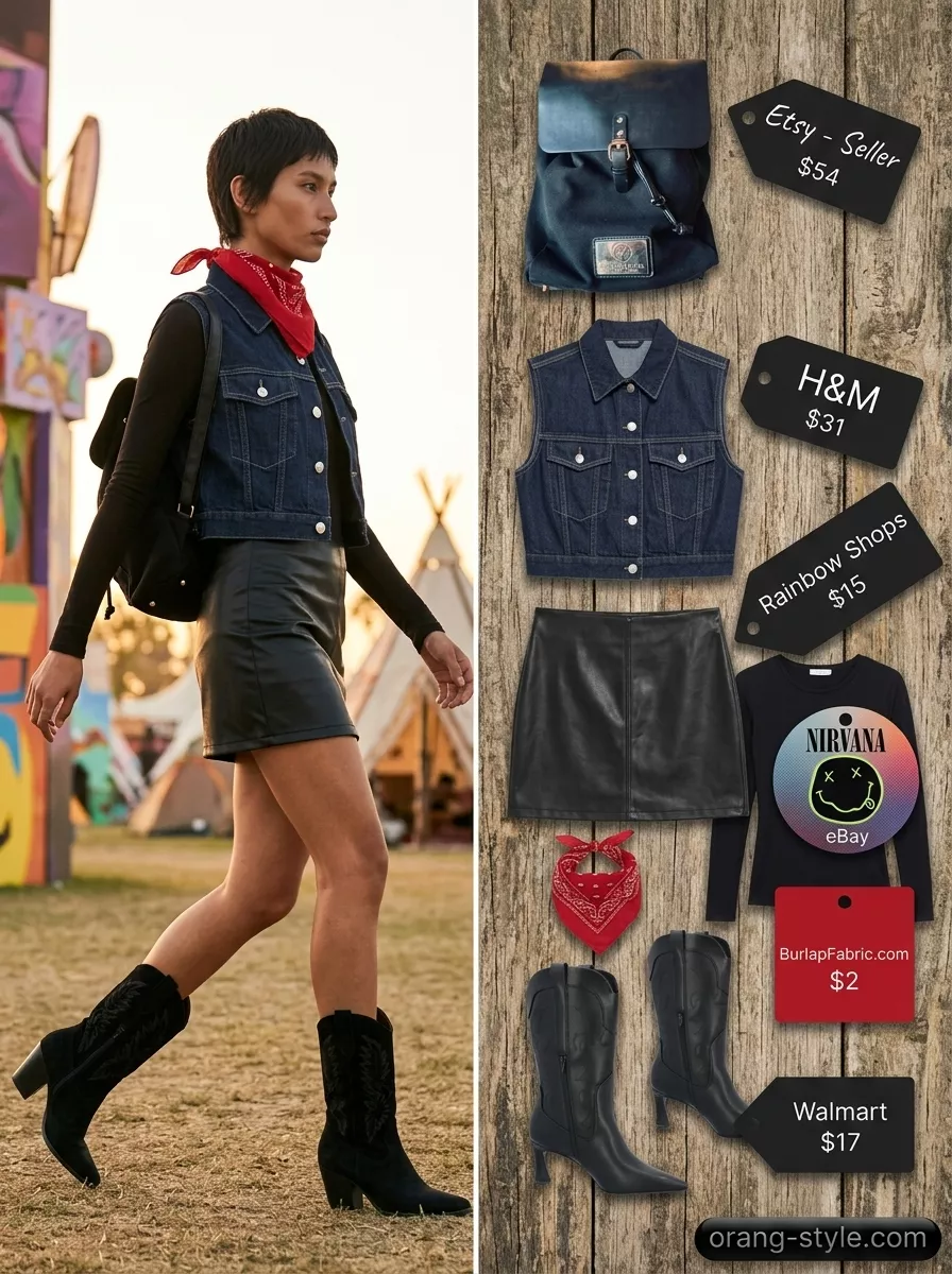Denim Summer Festival Outfits for Women 2026: Desert Rocker Medium wash denim vest outfit for women 2026: band tee, faux leather skirt, ankle boots for edgy festivals.