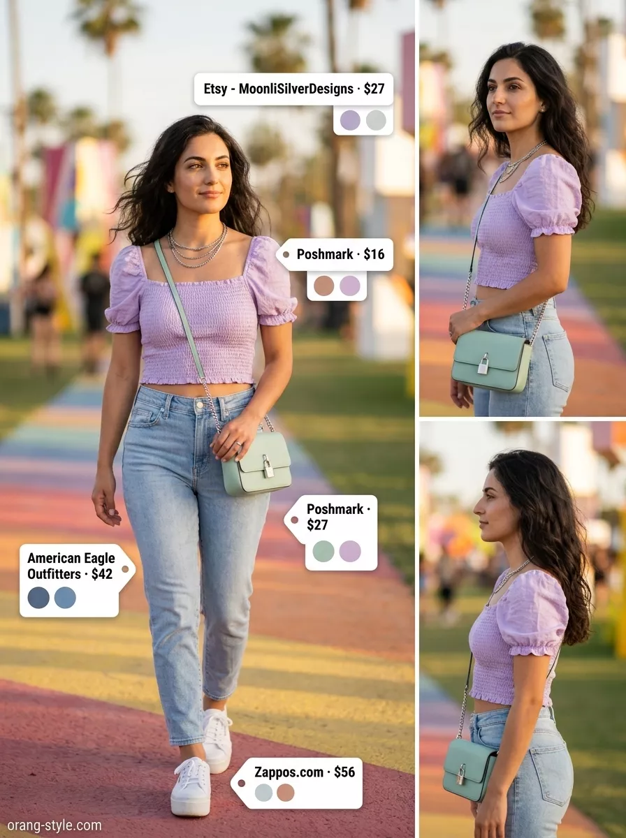 Denim Summer Festival Outfits 2026: Dreamy Daydreamer Denim summer festival outfits for women 2026: Light wash jeans with lavender off-shoulder top and silver necklaces.