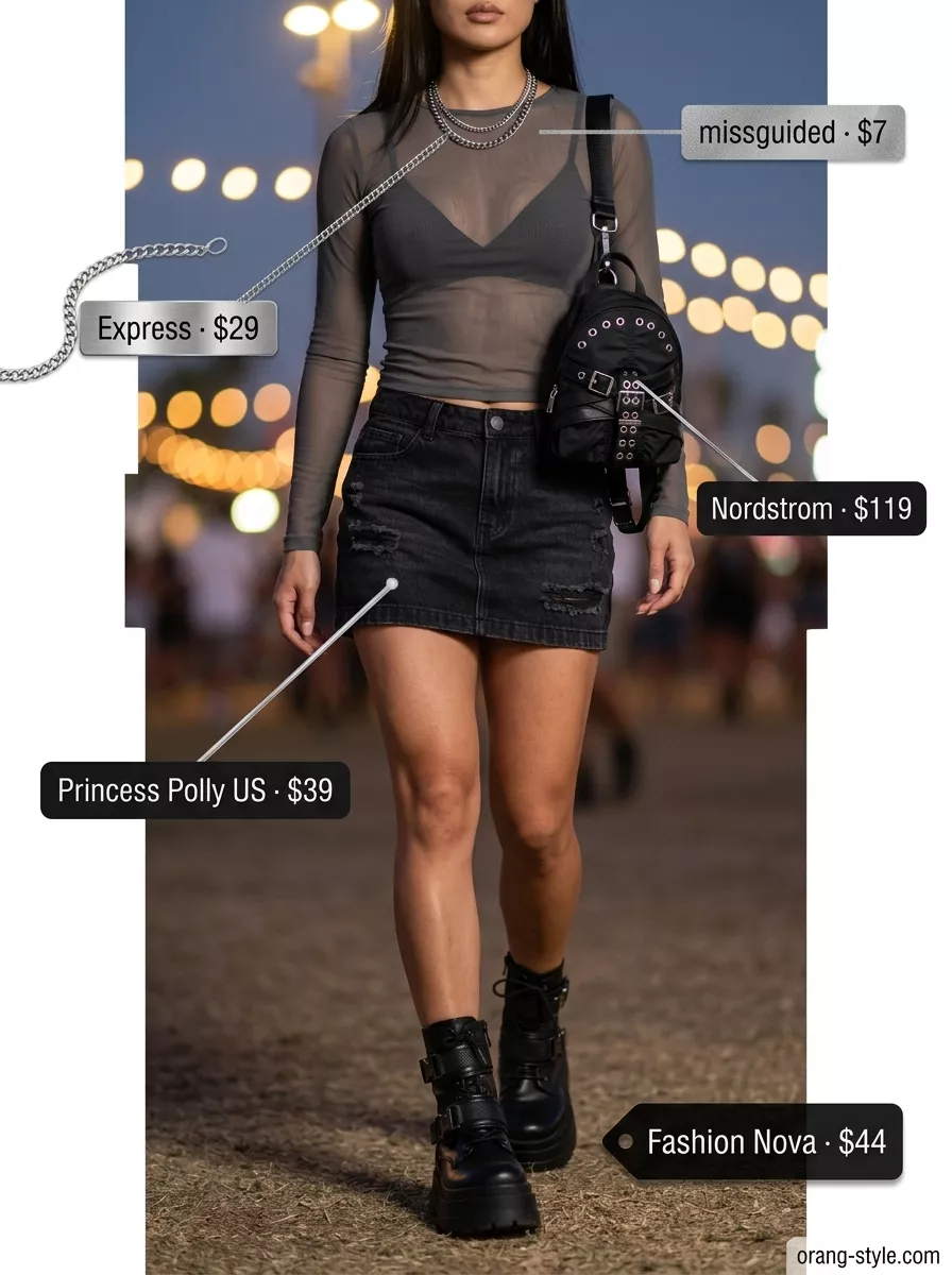 Denim Summer Festival Outfits for Women 2026: Edgy Rave Style Washed black denim mini skirt outfit for women 2026: mesh crop top, combat boots, backpack for edgy night festivals.