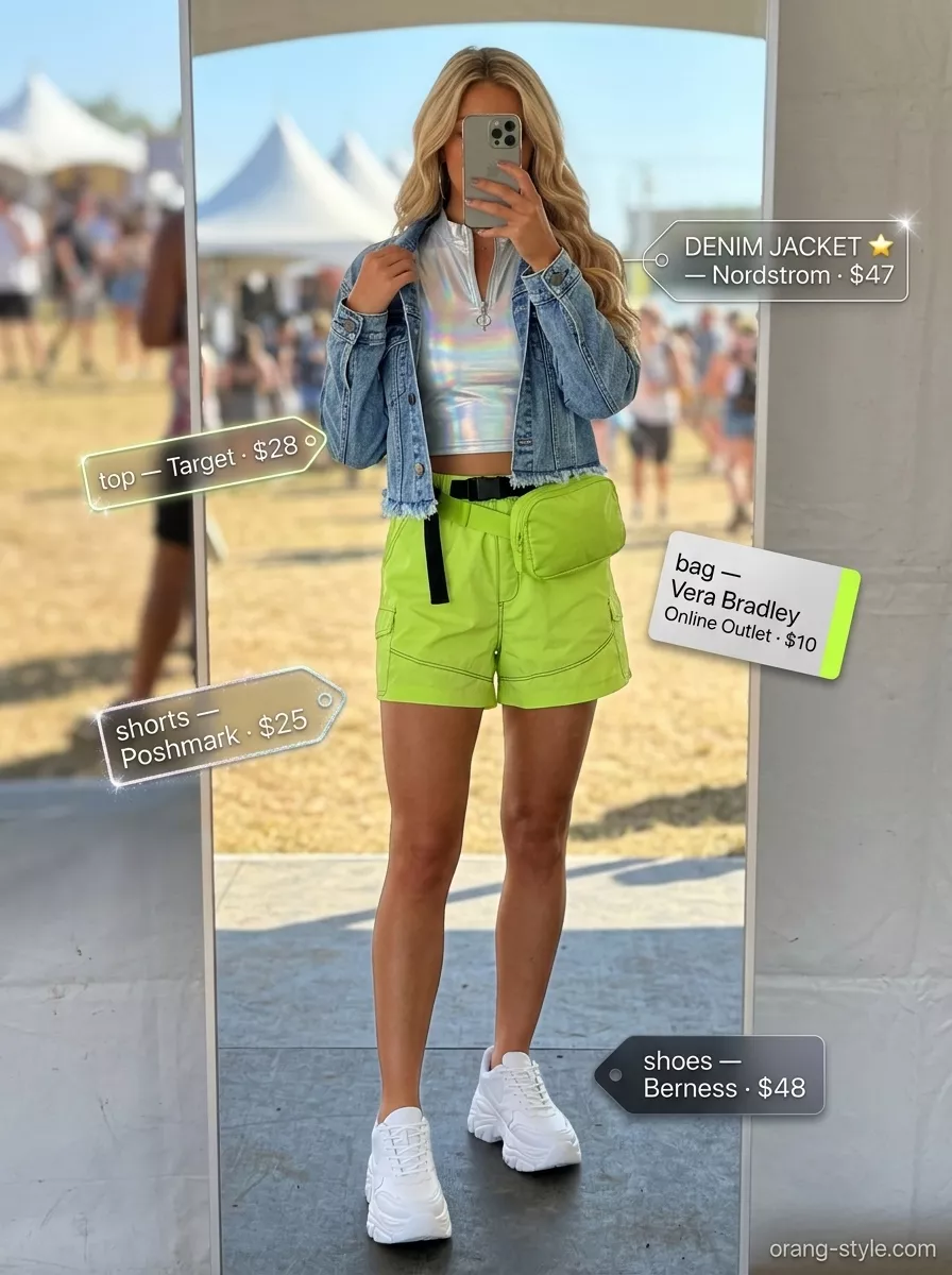 Denim Summer Festival Outfits 2026: Electric Pop Star Denim summer festival outfits for women 2026: Cropped denim jacket with neon green shorts and holographic crop top.