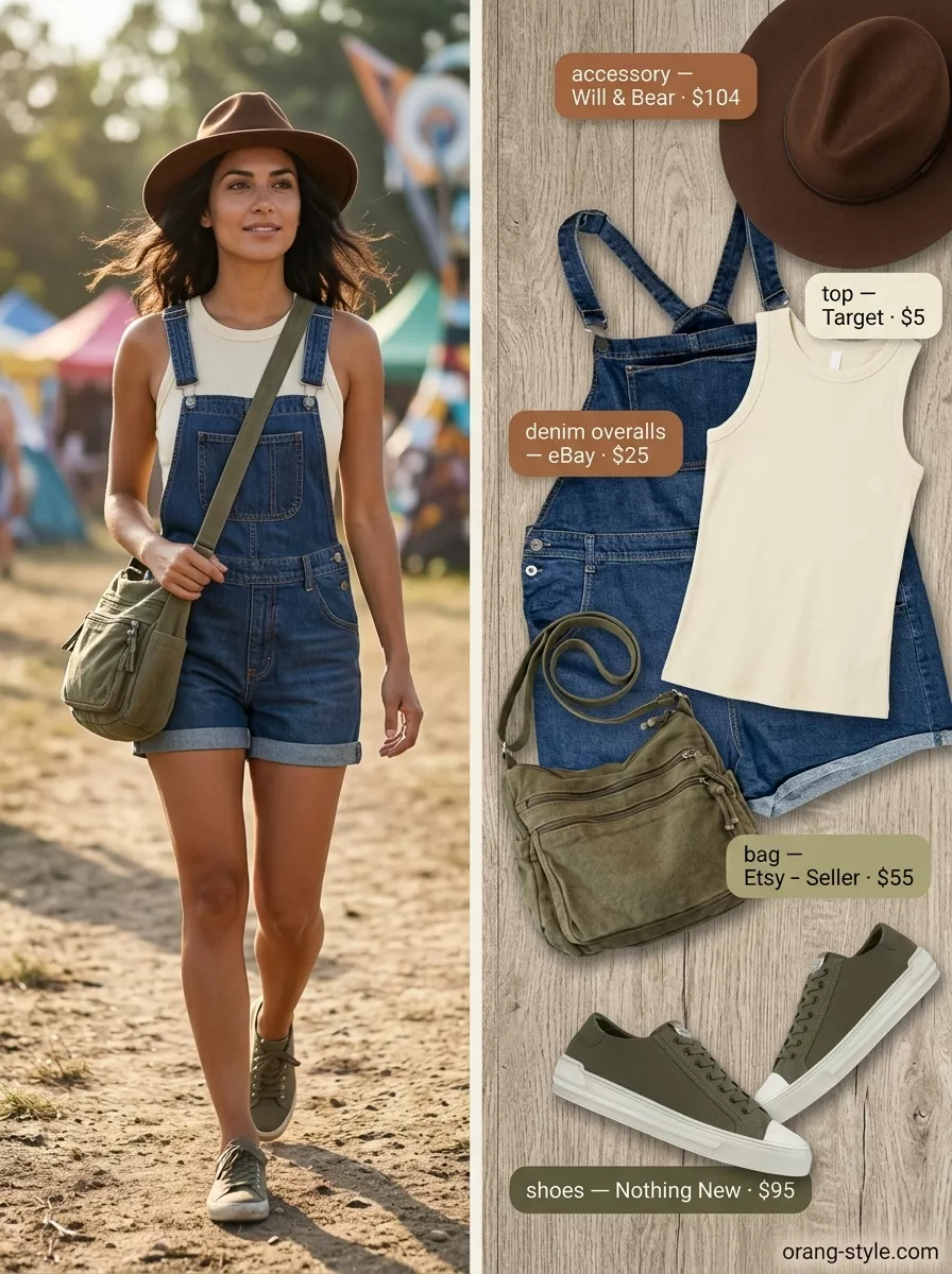 Denim Summer Festival Outfits 2026: Earthy Explorer Style Denim summer festival outfits for women 2026: Distressed denim overalls with a cream tank top and olive sneakers.