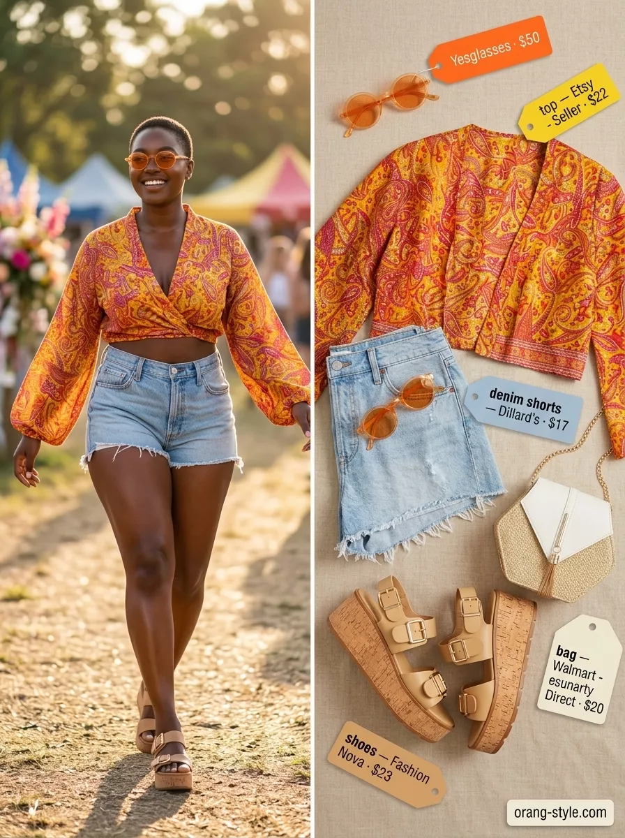 Denim Summer Festival Outfits 2026: Desert Sun Dancer Denim summer festival outfits for women 2026: Yellow paisley crop top with light wash denim cutoff shorts and straw bag.